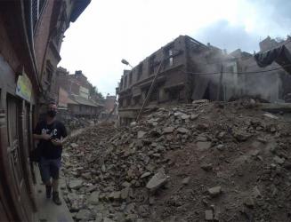 Earthquake destruction and thick dust in the air in Bhaktapur