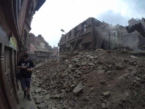 Earthquake destruction and thick dust in the air in Bhaktapur